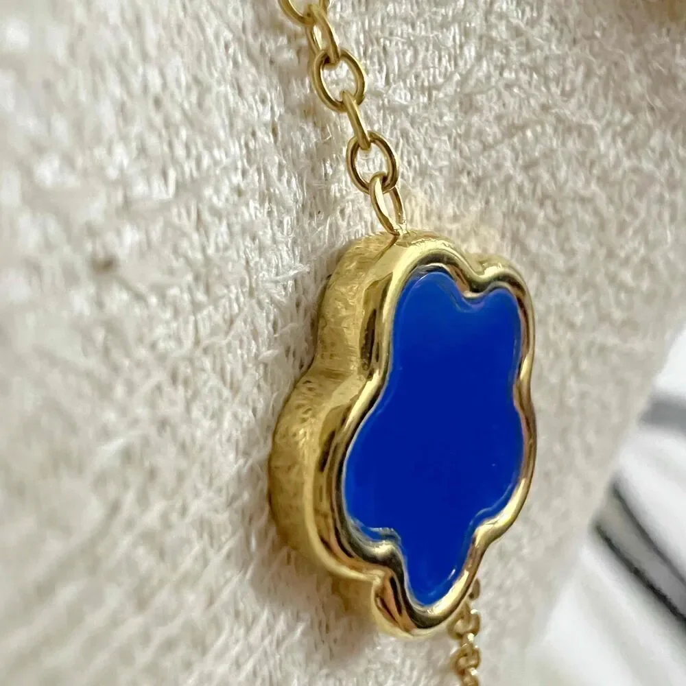 Gold Plated Blue Clover Necklace Flower Chain stainless steel womens jewelry